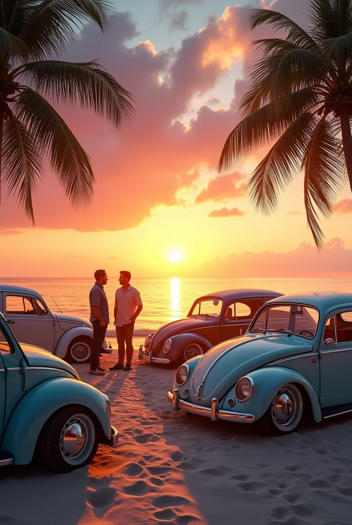 A beach at sunset, with a gentle breeze swaying the palm trees and lifting the sand slightly. On price, several classic Beetles and Kombis are parked in a relaxed circle, with their owners chatting and laughing around. The cars have a vintage look, some with worn paint and custom details, representing the Rat Look style. Ao fundo, the waves gently break on the sand, and the sky is painted orange and pink, reflecting in the water. The atmosphere is relaxed and nostalgic, capturing the essence of a classic car meet on a paradisiacal beach.