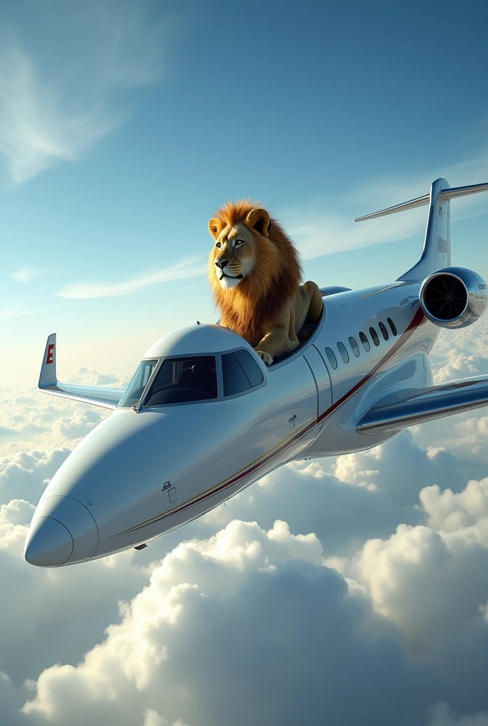 A Lion traveling for a aeroplane in sky.