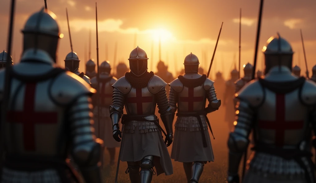 A highly realistic, high-contrast, 8K HD, detailed, hyper-detailed image of Crusader knights marching forward as the first light of dawn breaks through the dark sky. The knights, wearing steel armor with red crosses on their tunics, move with relentless determination, their armor catching the soft, golden light of the early morning. The sky is gradually transitioning from darkness to light, symbolizing hope and unwavering resolve. The atmosphere is powerful and inspiring, capturing the Crusaders' unwavering spirit as they press forward into the new day. The image is of the highest quality, with ultra-high resolution, RAW photo quality, and Unreal Engine rendering, depicting the strength and determination of the Crusaders as they march into the dawn.