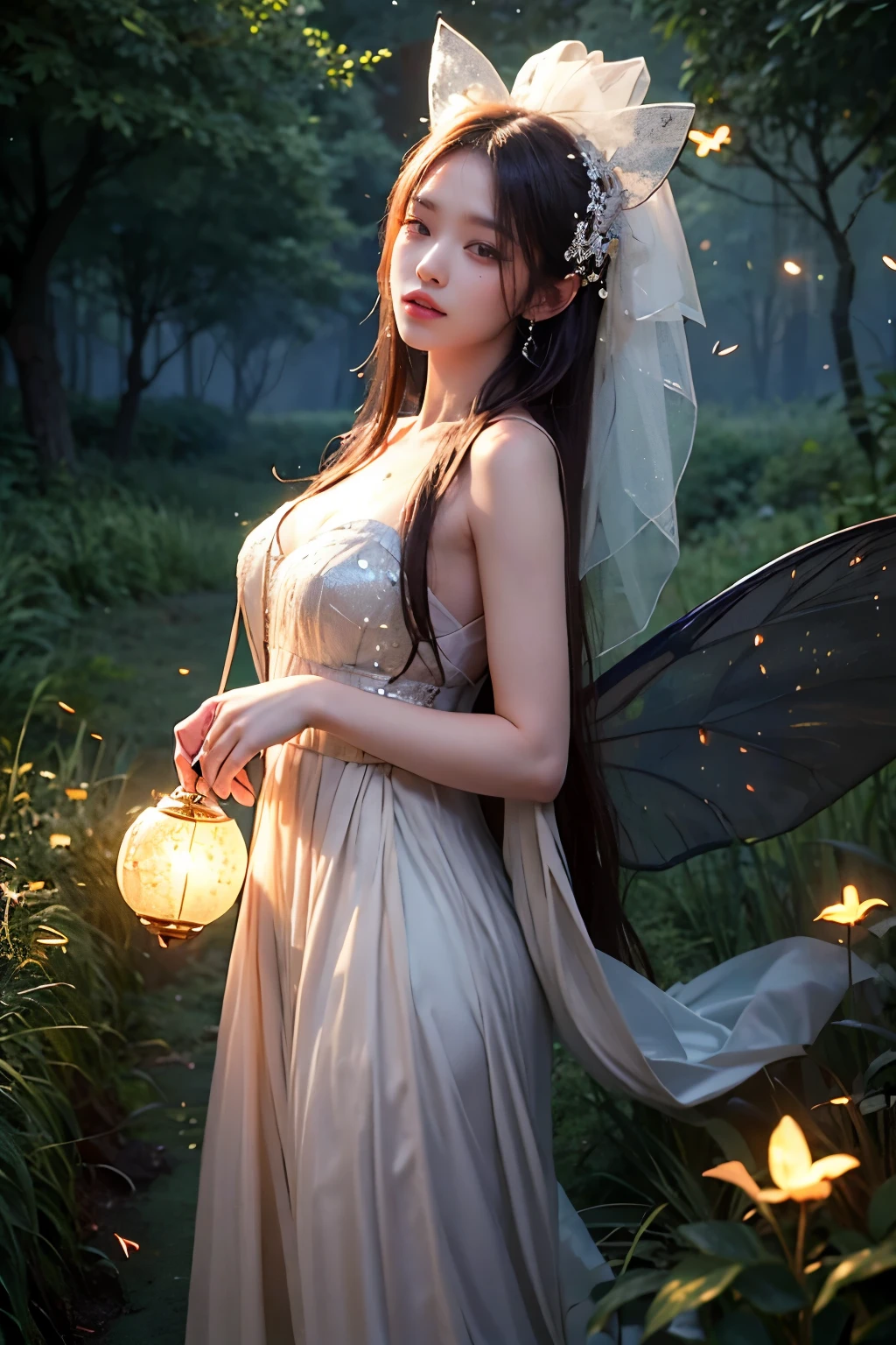 Beautiful fairy, surrounded by fireflies, ethereal and dreamy atmosphere