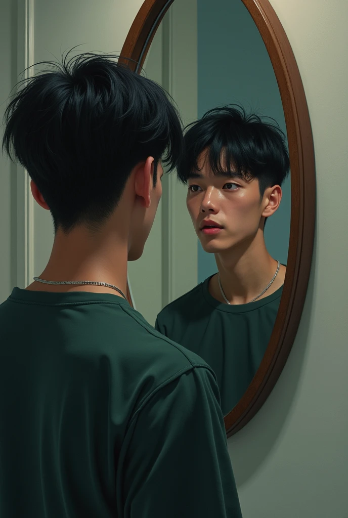 Self-Reflection : The young man gazing into the mirror, seeing his own reflection with a look of contemplation, symbolizing his internal quest. In dall e-3 style