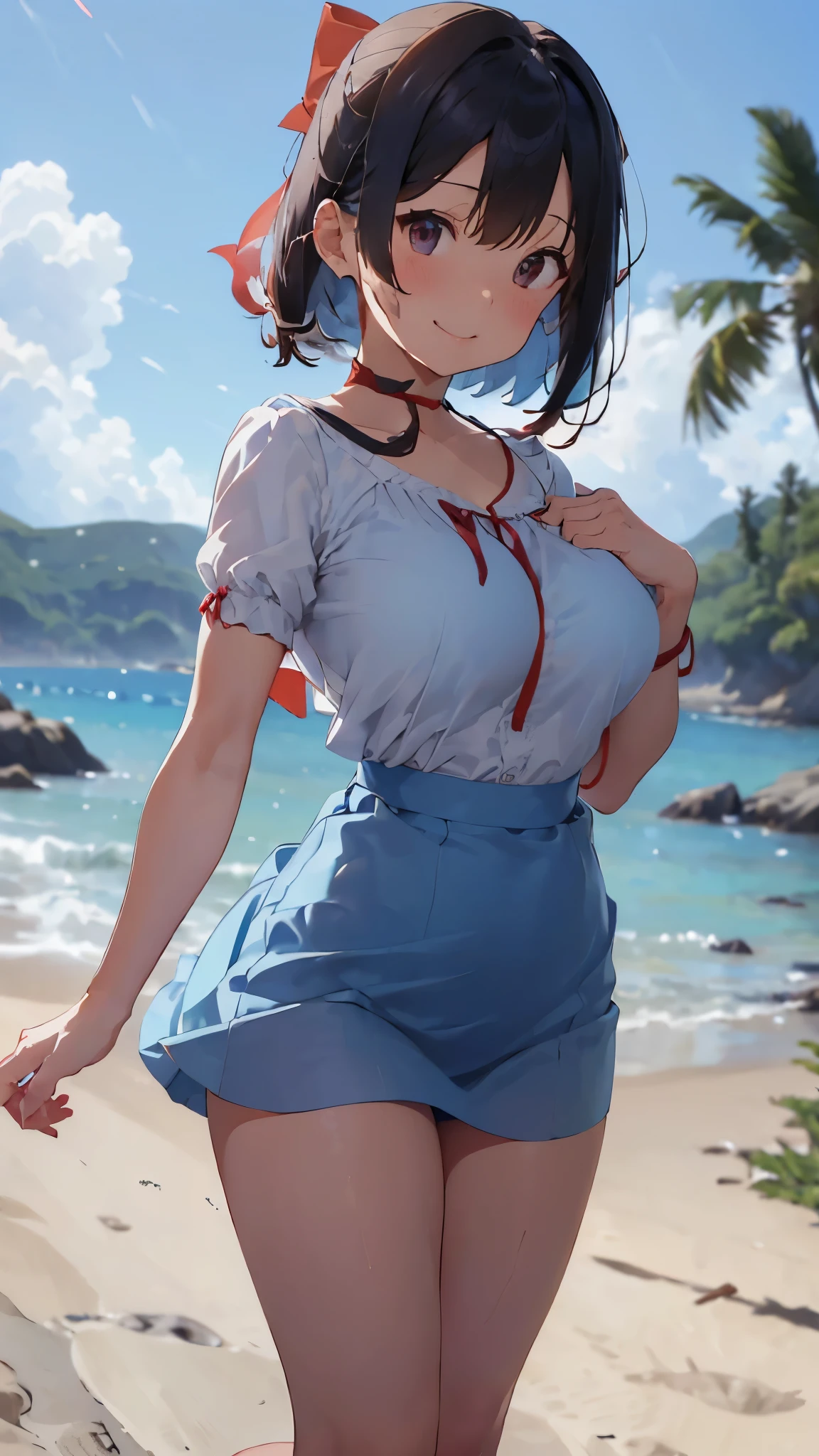 (Cute Smile、Black short bob、Cute orange hair clip)、((Clothed Big Tits、Pure white blouse))、((Light blue flared skirt、The wind blows up her skirt and her underwear is visible、White underwear with cute ribbon))、Bare feet and naked feet、((Sandy beach, sea and blue sky))、((The face is in focus and the background is blurred、Shallow depth of field))、Realistic、Standing posture、((C cup small breasts、Closer valley、Pie Slash))、(A vibrant crimson long coat over a blouse、Spread a long coat with both hands)、(A light blue bra is clearly visible through the wet blouse.、Light blue wired bra)、A wristwatch on the left hand