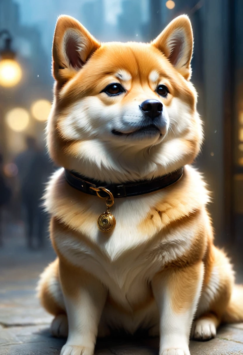 Cute Shiba Inu greets viewers, Pierre＝Art by Auguste Renoir and Jeremy Mann, (Viewpoint angle:1.2), Realistic, Ray Tracing, Beautiful lighting,masterpiece