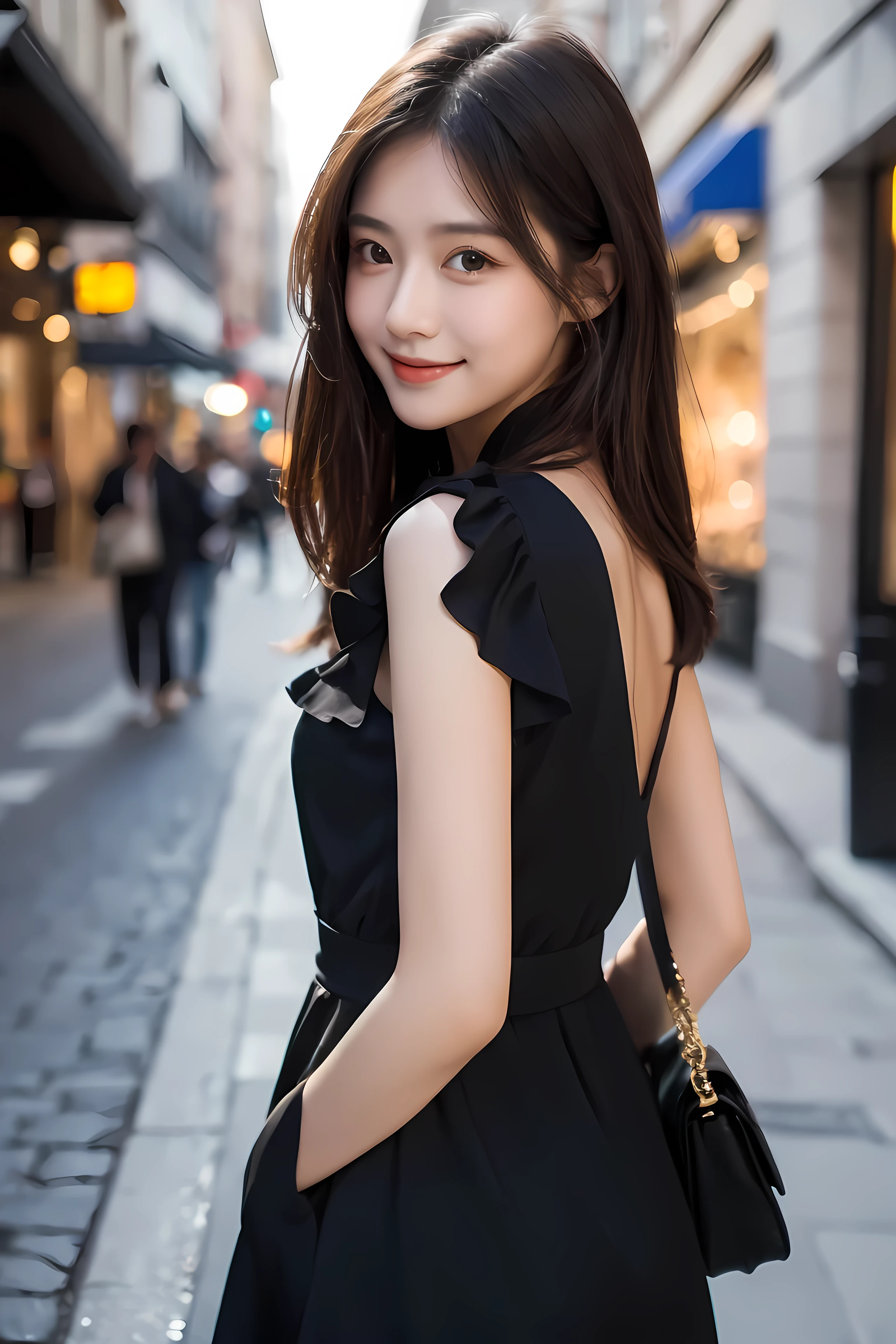 ((best quality, 8k, masterpiece :1.3)), 1 girl, smiling, whole body, face slimming, pretty Woman, (Dark brown hair), full length dress :1.1, Super detailed faces, delicate eyes, double eyelids, blurred background, face slimming, City, external, street,