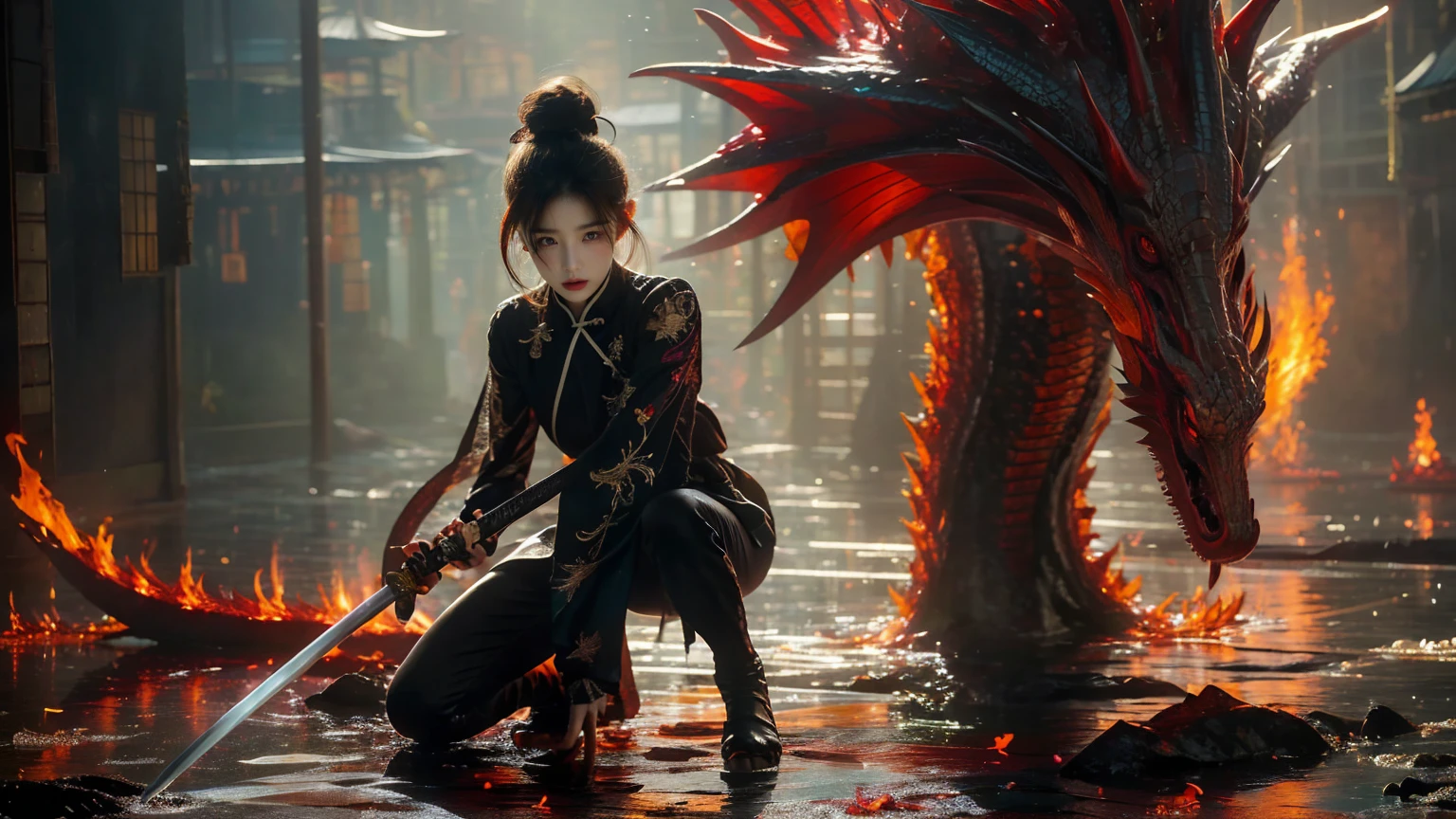 smoky makeup:2，black eyeshadow:2，black lips:2,anatomically correct:2,standing alone,1sword xuer ai yazawa girl style,1 girl, and a dragon,Bblack hair,hair bun,Chinese clothing,keep,keep weapon,twice as good,bangss,blunt bangss,a knee,looking at the audience,jewerly,aretes,black backdrop,longsleeve,eastern Dragon,samurai sword,get away,tight and shiny leggings,Dragon,golden footwear,rey,anatomically correcte：2，(disgust:1.3),ultra-high resolution,((work of art))),(((best qualityer))),((super verbose)),((extremely delicate and beautiful)),,ezh
