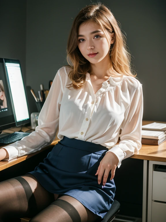 ulzzang-6500-v1.1, (RAW Photos:1.2), (Photorealistic), (See through:1.3), (Genuine:1.4), 1With a girl、24 years old、, Ocean Blue Eyes(Eye details), A shy smile、Blonde medium wavy hair、Curly Hair、European girl、(Elegant silk blouse:1.3), (Ultra-realistic pantyhose:1.3), (flare skirt:1.2), sitting in the office and working at the desk、Realistic skin texture、Glowing Skin、Exposed thighs!!! ,Makeup, epiC35mm