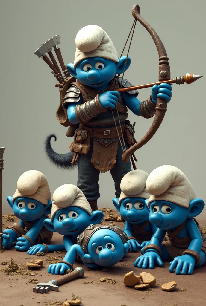 A group of 6 smurfs with papa smurf and grandpa smurf with weapons and armor from the video game rust lying motionless on the floor after being defeated by a single guy with a crossbow that is now proceeding to loot the smurfs valuables 