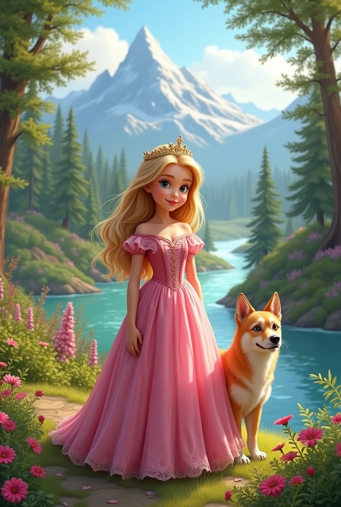 A beautiful and realistic princess, 6 years old, wearing a long pink dress and blonde hair, accompanied by a beige dog., in a forest with rivers and mountains.