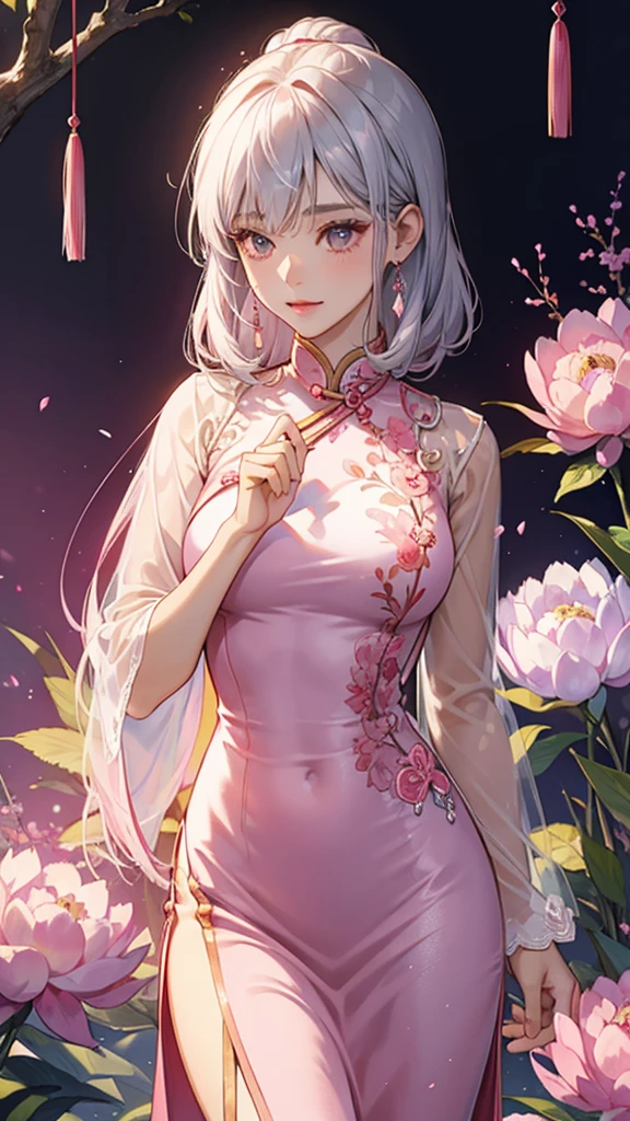 female feng shui master, Close-up, Divination crystals, Pink Chinese-style dress with silver embroidery, Dress reaching the chest, clear, The background is a soft pink gradient., Light shines, Pink peony, mysterious