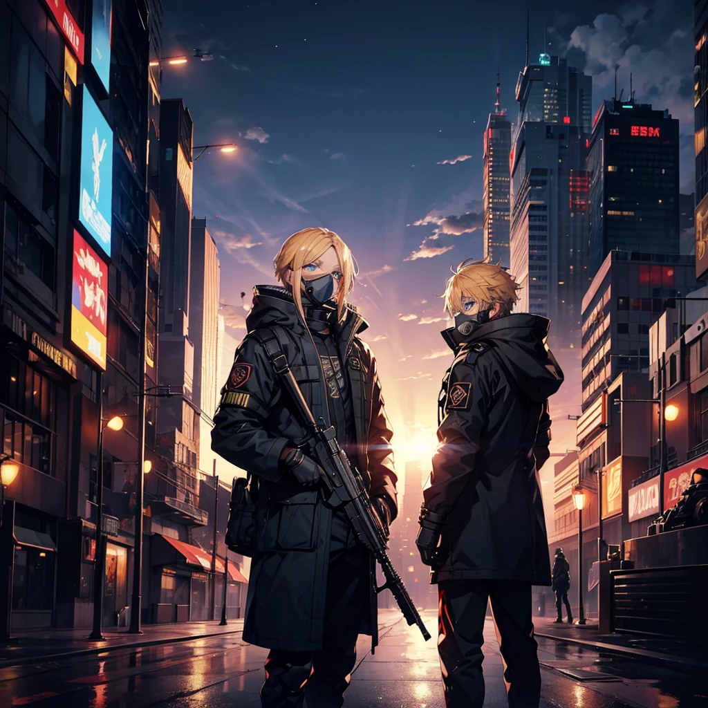 1 male,Adult,blue eyes,gas mask,Golden hair color,Cyberpunk clothing,night,Future City,holding a rocket launcher on the rooftop,Standing overlooking the scenery,Looking back,Calm expression,Muscular,tattoo