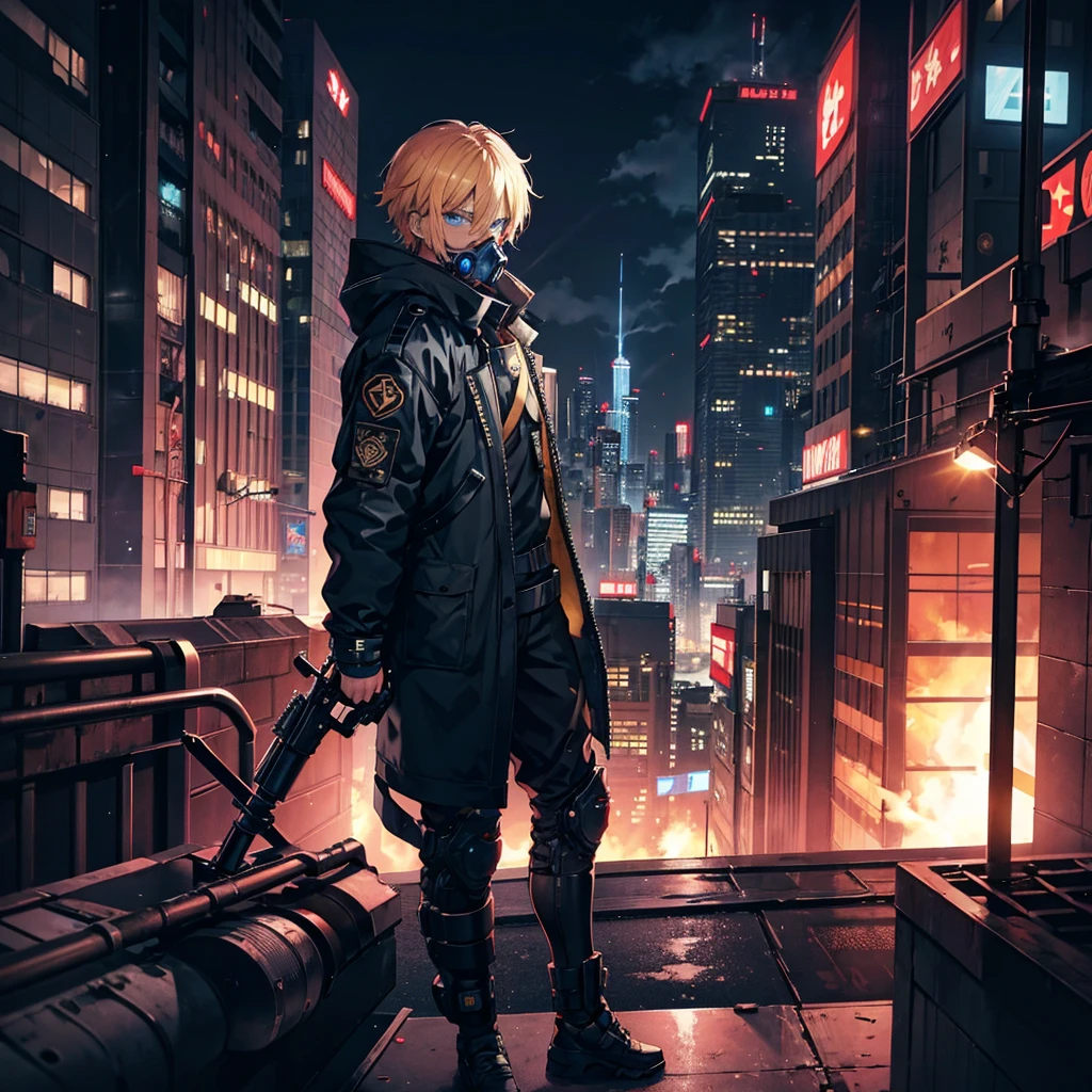 1 male,Adult,blue eyes,gas mask,Golden hair color,Cyberpunk clothing,night,Future City,holding a rocket launcher on the rooftop,Standing overlooking the scenery,Looking back,Calm expression,Muscular,tattoo