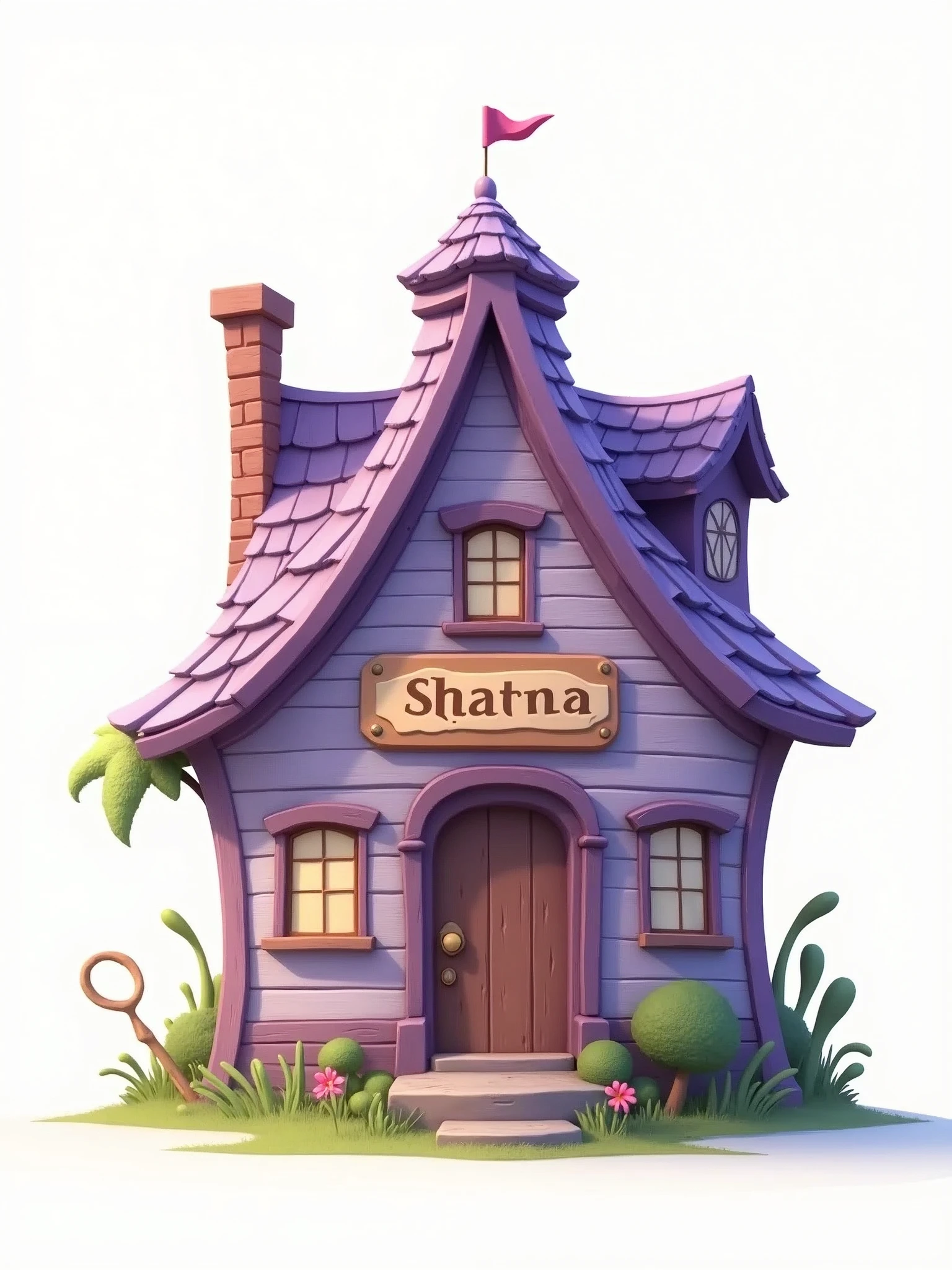 At the center of the image, there is a rustic lilac house with a sign on top of the roof. PNG image. White background.