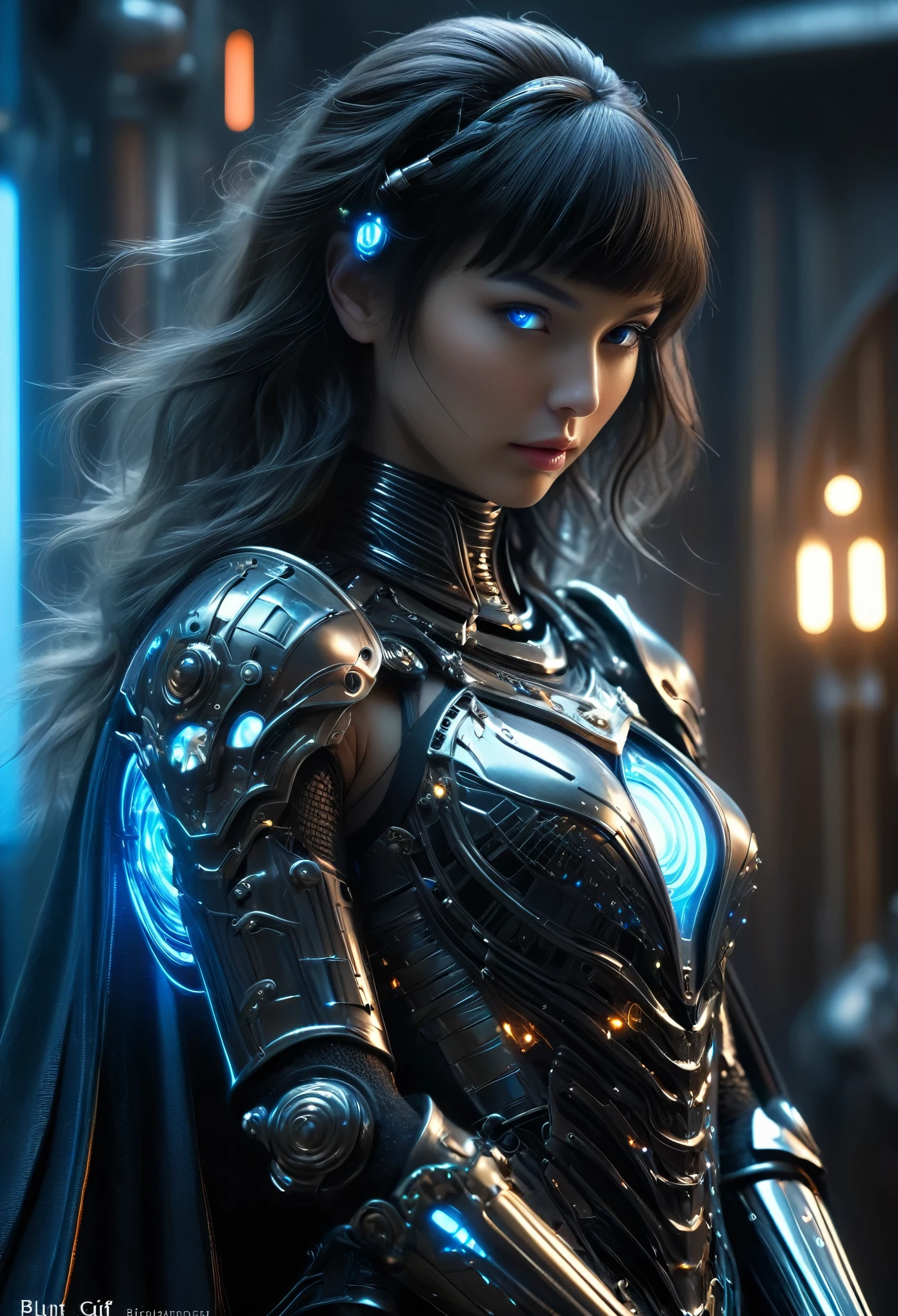 (Best Quality, 4K, 8K, High Resolution, Masterpiece: 1.2), (Super Detailed, Realistic, Photorealistic:1.37), A woman in futuristic clothing, (erotic and sexy:1.4), Trending on cgstation, Trending on cgstation, (Portrait of a girl in the Knights of the Zodiac:1.4), (blunt bangs:1.7), Cute Cyborg Girl, Perfect android girl, Portrait Astronaut Girl, Beautiful girl cyborg, Girl wearing black pale blue iridescent mechanical cyber armor, Game CG, cgsociety and fenghua zhong, Beautiful Cyborg Shrine Maiden, Bioluminescence, (Gal Gadot:0.6), Anatomically correct grip, Anatomically correct four fingers and one thumb, (long claws:1.4), erotic and sexy, A gorgeous cape with beautifully detailed embroidery, energy ball