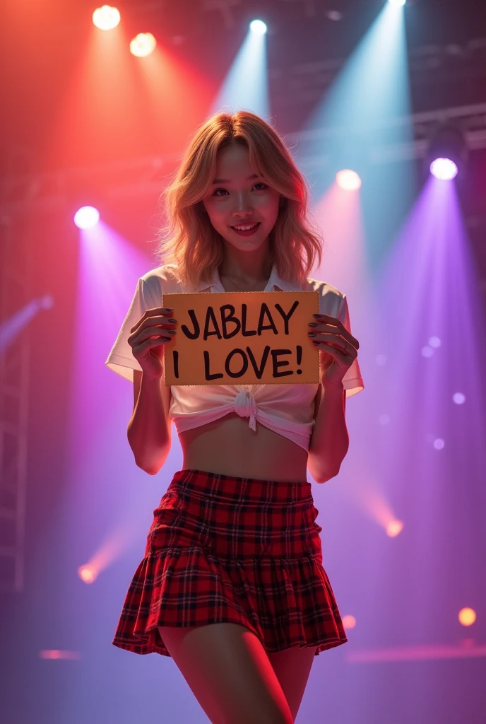 8K, masterpiece, ultra sharp focus, intricate detailed, an extremelly beautiful korean girl, blond medium wavy hair, slim muscular body, long legs, light smile to the viewer, she's dancing on a high stage that has colorful lighting at background, backlighting, both hands are holding a piece of cardboard paper says "JABLAY, I LOVE YOU!" and show it to the viewer, she's wearing white shortsleeved open shirt, showing breasts, red tartan micro skirt, open legs. Photo taken from audience on the front row ((from below)), upskirt