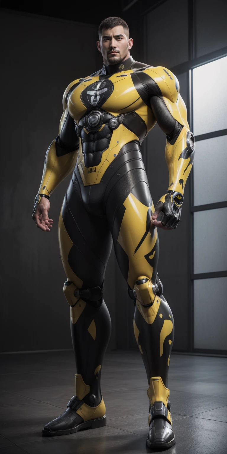 Tall giant muscular police officer,Buzz Cut,Very long legs,Yellow and black camouflage patterned nano mecha,Honeycomb pattern,Lightweight texture,Character Concept(Resident Evil - Chris Redfield,Chris Redfield)senior police officer,Small grid texture,Regular symmetrical texture pattern,Sad expression,Deep and charming eyes,Standing in a bright mechanical laboratory,Emerald Eyes Hero,Heroic male pose,高大Burly,muscular!Attractive leg muscles,High target, Burly, Heqiang, Super Buff and Coolness, High Resolution Committee, Bigfoot yellow-gray ultra-thin nano-mechanical boots,Charismatic strongman,The bright sunshine shines on you,Matte particles,Shiny texture