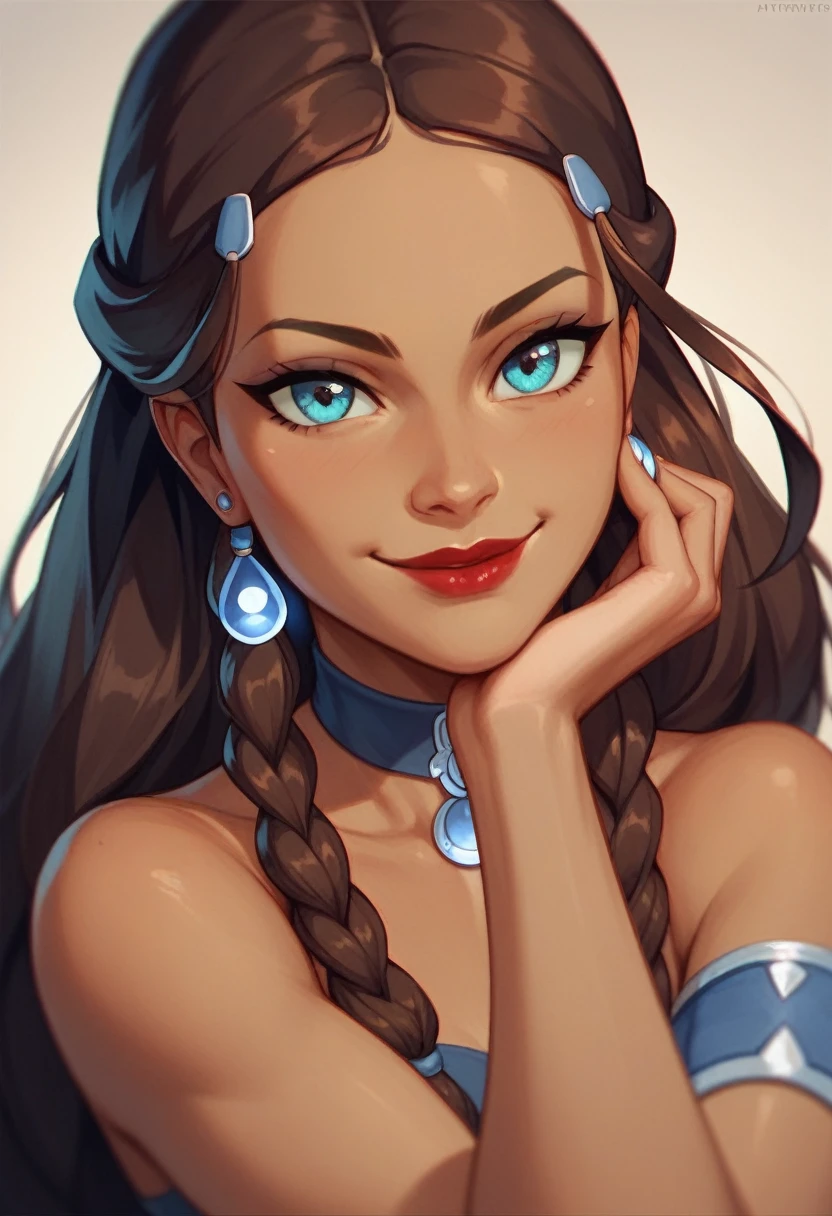 (masterpiece) (best quality) (detailed face) (8k) (sharp focus), 1 female, wide smirk, red lipstick, really cute, Katara, cute