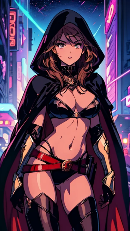(1girl, Magdalena), (extremely detailed CG unit 8k wallpaper),(master part), (best quality), (ultra detail), (best illustration),(lora:80'sFusion:0.6), cowboy shot, (Sharp eyeliner, ombre, detailed eyes:1), midnight, neon light city background, ,break , (neon_pop art style), cloak, bikini armor, gauntlets, brown hair, hood, gauntlets, pauldrons, black cape, belt, straps, revealing clothes,
