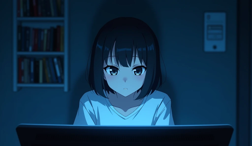 One person, View from a computer monitor,Front shot,A woman looking into a monitor,Blue light,Deep room,Blur the background,CD rack on the wall,A round, heavy bob haircut,19 years old,White T-shirt,Dark Room,Anime Style,High resolution,