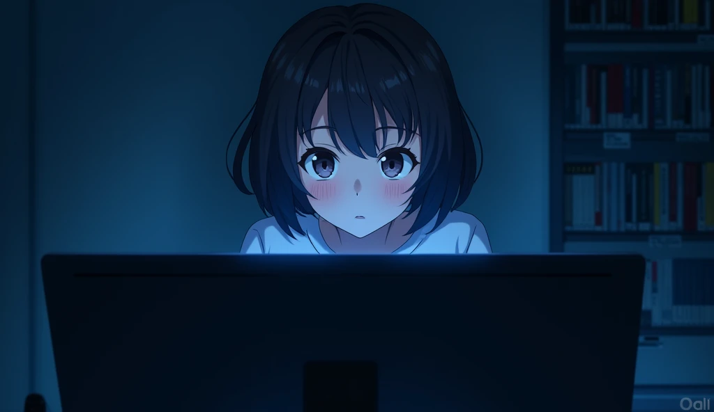 One person, View from a computer monitor,Front shot,A woman looking into a monitor,Blue light,Deep room,Blur the background,CD rack on the wall,A round, heavy bob haircut,19 years old,White T-shirt,Dark Room,Anime Style,High resolution,