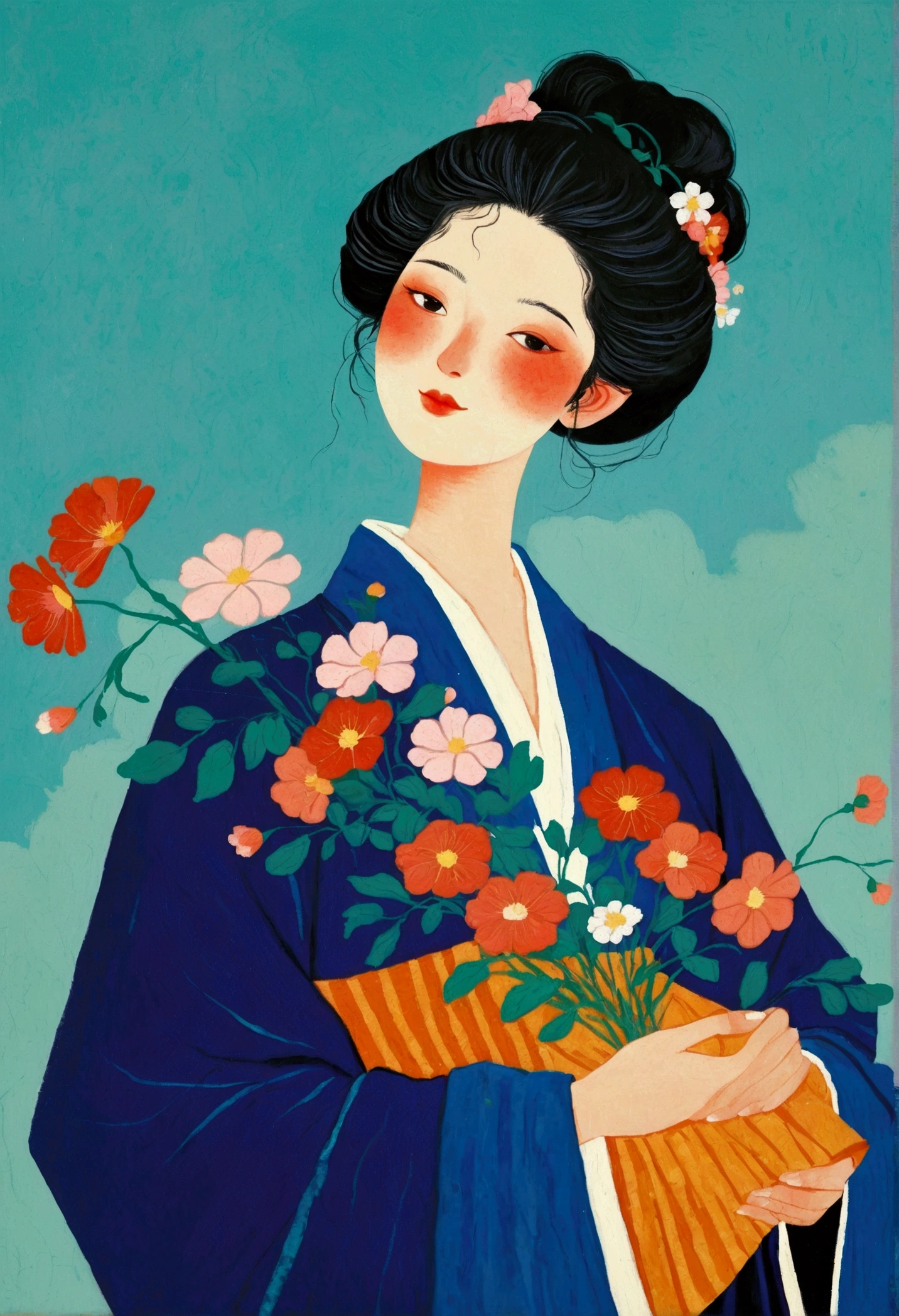 A painting,The painting shows an elegant woman holding a bouquet of flowers, Se Kin-Kong(Kose Kanaoka)Minimalism, Popular trends on pixabay, Cloisonnism,Holding flowers, With blue background, Bring flowers, Flowers grow from the body, Blue loose robe