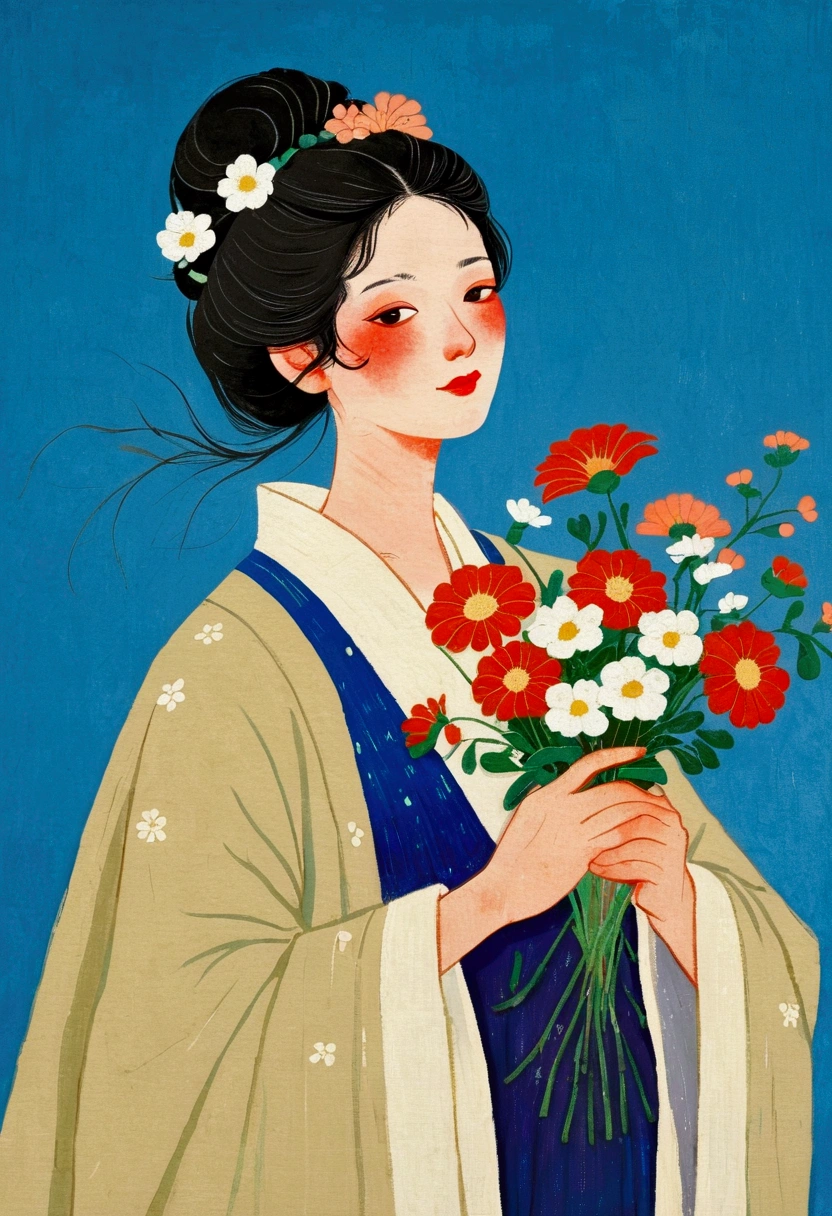 A painting,The painting shows an elegant woman holding a bouquet of flowers, Se Kin-Kong(Kose Kanaoka)Minimalism, Popular trends on pixabay, Cloisonnism,Holding flowers, With blue background, Bring flowers, Flowers grow from the body, Blue loose robe