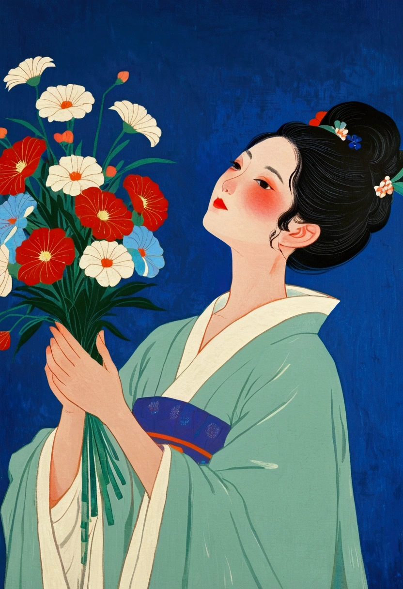 A painting,The painting shows an elegant woman holding a bouquet of flowers, Se Kin-Kong(Kose Kanaoka)Minimalism, Popular trends on pixabay, Cloisonnism,Holding flowers, With blue background, Bring flowers, Flowers grow from the body, Blue loose robe