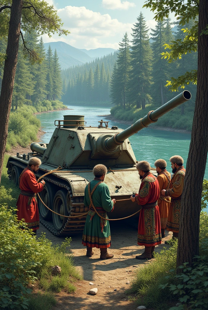 mongolian guys are wearing mongolian traditional clothes and binding up a soviet tank with rope in the woods near the river
