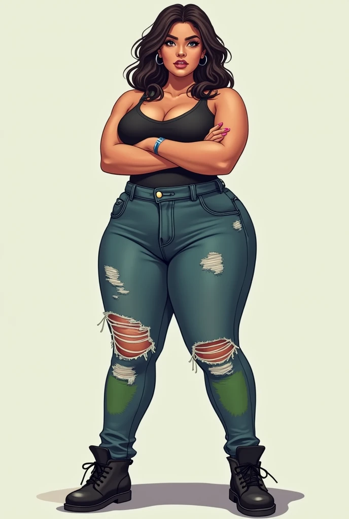 A full-bodied, non-anime woman, , standing with her arms crossed, wearing a tank top, ripped jeans with green knees, black shoes, and holding a K-pop card in her hand.