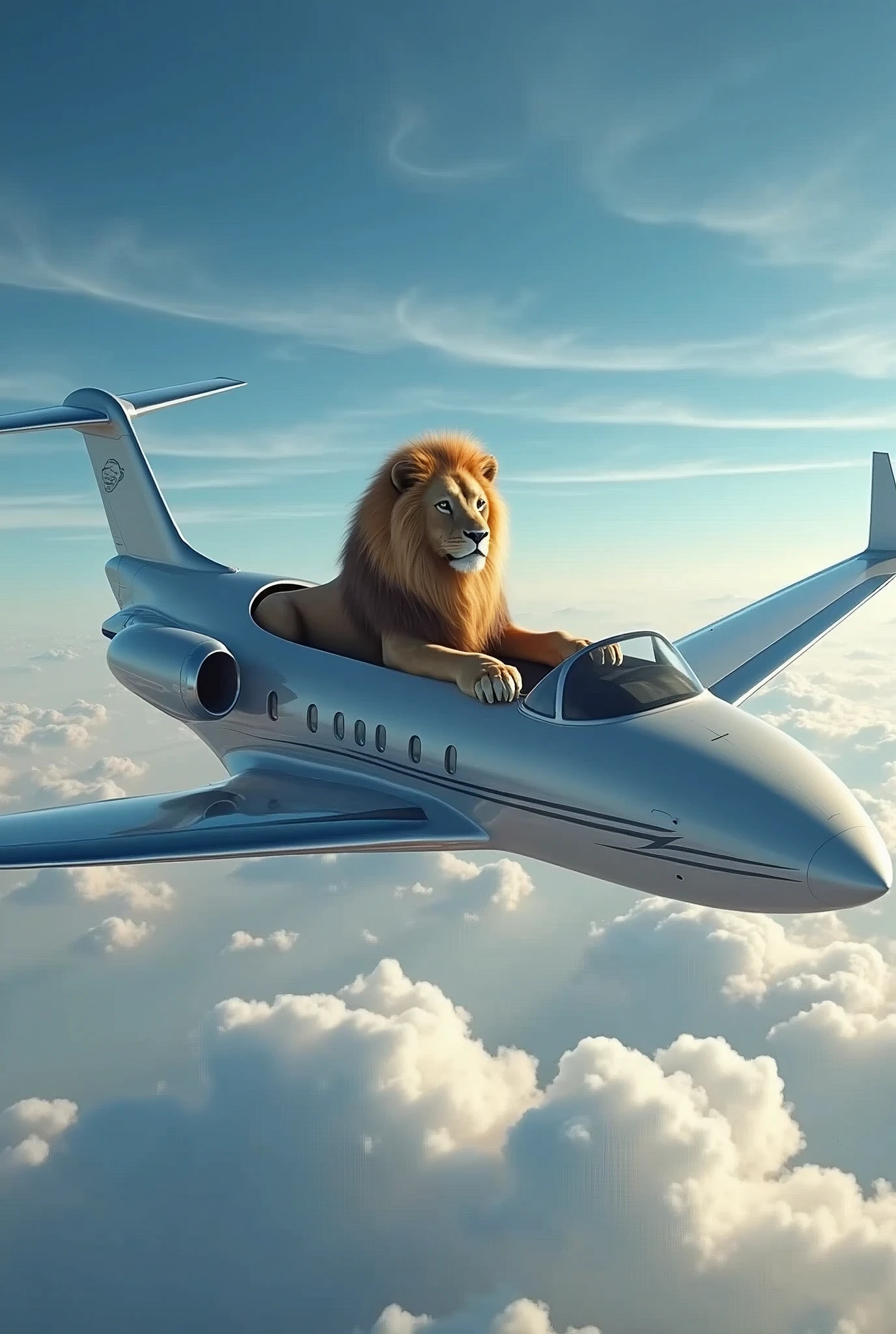 A Lion traveling for a aeroplane in sky.