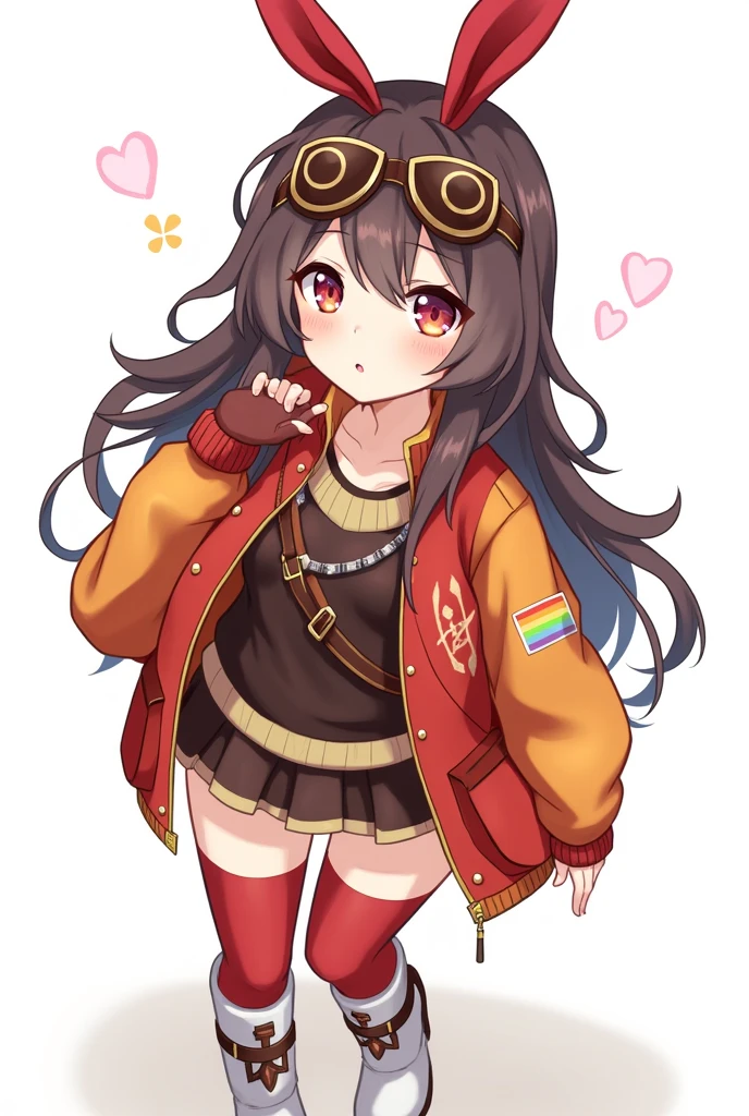 https://genshin-impact.fandom.com/wiki/Amber She have a dark brown hair and wears a red bow that is shaped like a bunny ears, brown pilot goggles, two small bags with leather belts, a red and brown glove, a Pyro sigil emblazoned on the red and orange ribbon, red jacket with long sleeves, a dark brown jumper outfit, and red stock on the white boots has symbols on it. She have a lesbian pin on her jacket. She syly smiles blushing. She have long dark brown hair!