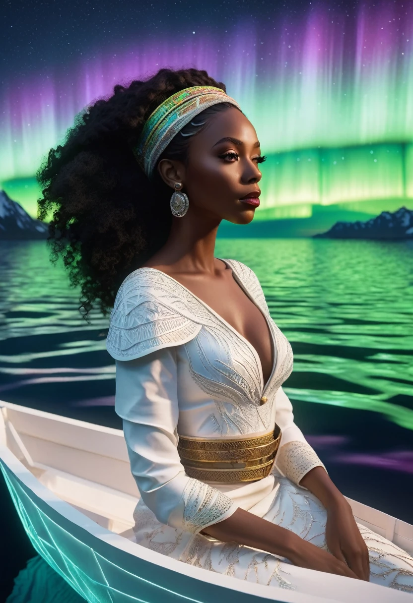 A black woman sitting in a paper boat sailing on a clear ocean, clear ocean reflecting a beautiful aurora borealis shining in the sky, she's dressed in white African designed clothes, , very high detailed and clear image, providing a cinematic look like shot from a 70mm lens panavision camera, 32k high definition and high resolution images, unreal engine 5 rendered. Hyper-realistic images with high detailed features.