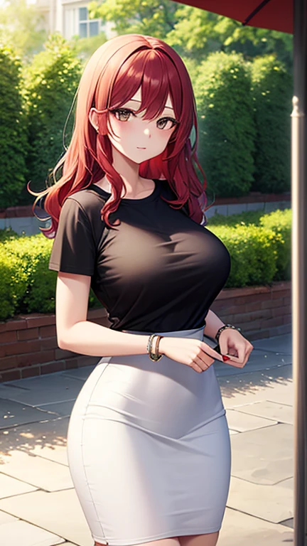masterpiece, best quality, high detail, beautiful woman, wavy hair, red hair, large bust, black t-shirt cropped, loose t-shirt, white midi pencil skirt, long pencil skirt, sneakers, bracelet, looking at viewer, wide eyed, garden, park, tree,