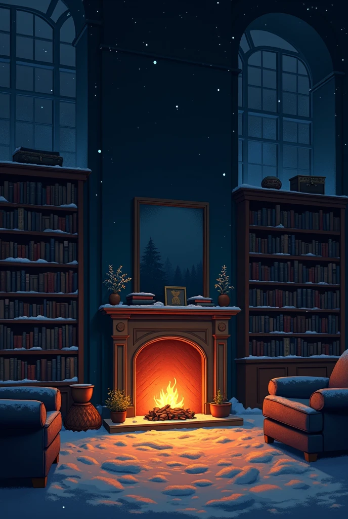 ( 1 night ) interior with fireplace winter illustration living high quality graphics dark interior dark color bookshelf night indoors