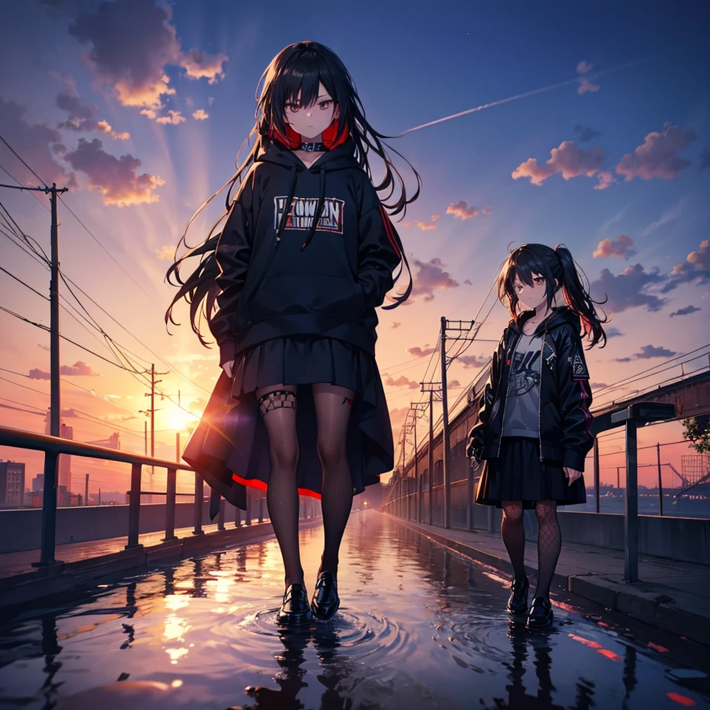 One woman.Punk clothing((Tobacco,Hold in mouth,cigarette)) Long Hair,Black Shining Eyes,blue,Glaring punk-like woman,Black and red hoodie,Drop shoulder,Metallic skirt,Golden chain to attach to skirt,Reflection of light, fishnet tights,Black Loafers,Close-up Background(Downtown New York,There is a bridge,Sunset and water reflection) Anime Style