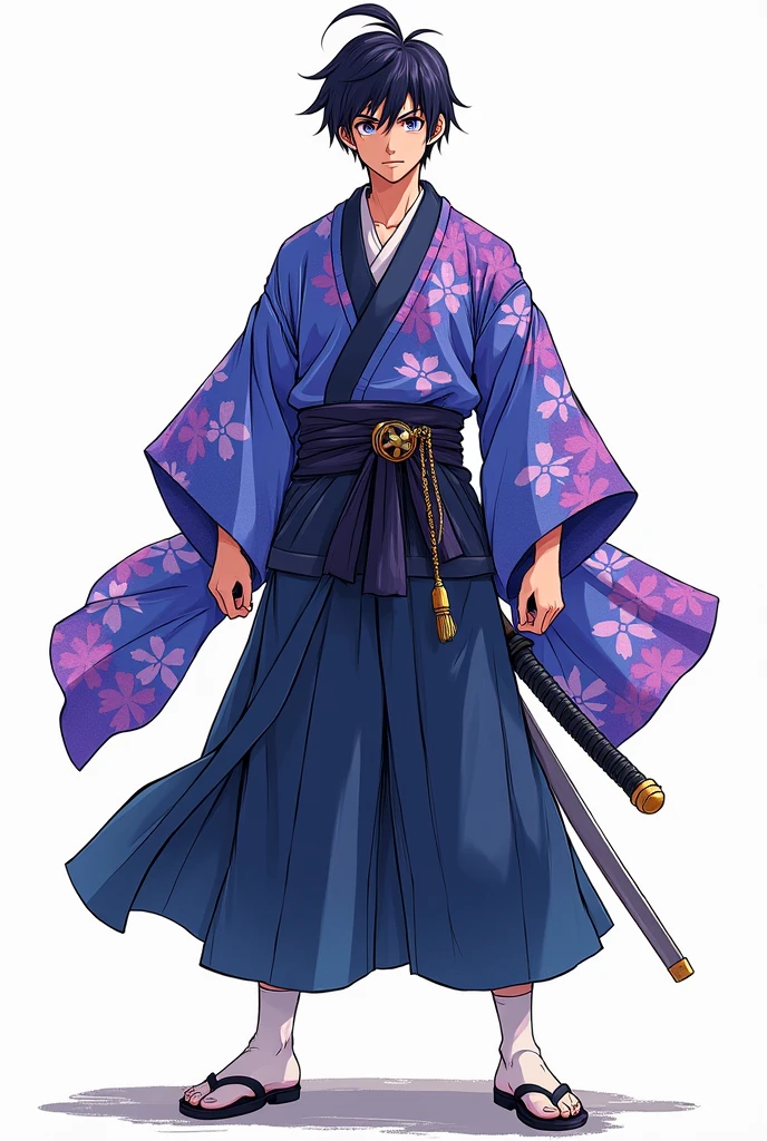 (illustrator) sketsa anime, samurai, kimono, blurple, front position, full body, boy, age 18