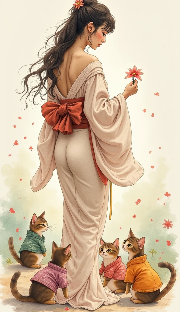 (Watercolor style:1.2), (Muted Tone:1.3), Delicate, Detail, Masterpiece,(colorful)illustration
(best quality:1.2),intricate details, newest, edo,cat,darknight,midnight,
Fantasy world, high leg kimono, attractive, shoulders, thighs,
Living kimono, talking with kimono, moving kimono, discussion heated, fun, several cats in kimono at my feet,
view from above, close up, Calm soothing look, Warm happy reassuring smile,
dynamic angle, dynamic pose, close up,
Artistic masterpieces that will go down in history, ,1girl, seductive, delicate,translucent, made of water