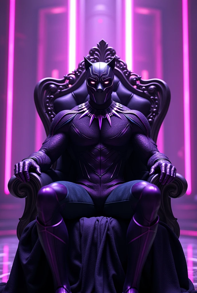 Black Panther sitting on the throne of Wakanda with the vibranium full uniform in violate colour, balck Panthers with violet colour background