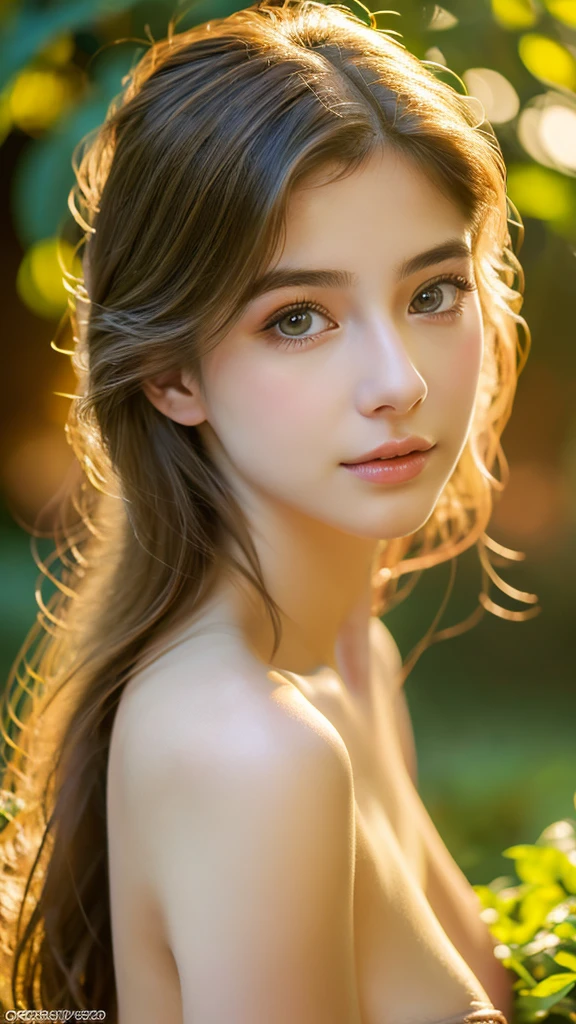 A beautiful 20 year old naked girl, detailed face, gorgeous eyes, full lips, long eyelashes, detailed skin, photorealistic, natural lighting, serene expression, sensual pose, outdoor garden setting, lush greenery, detailed foliage, golden hour lighting, cinematic composition, muted color palette, masterpiece, ultra-detailed, high resolution