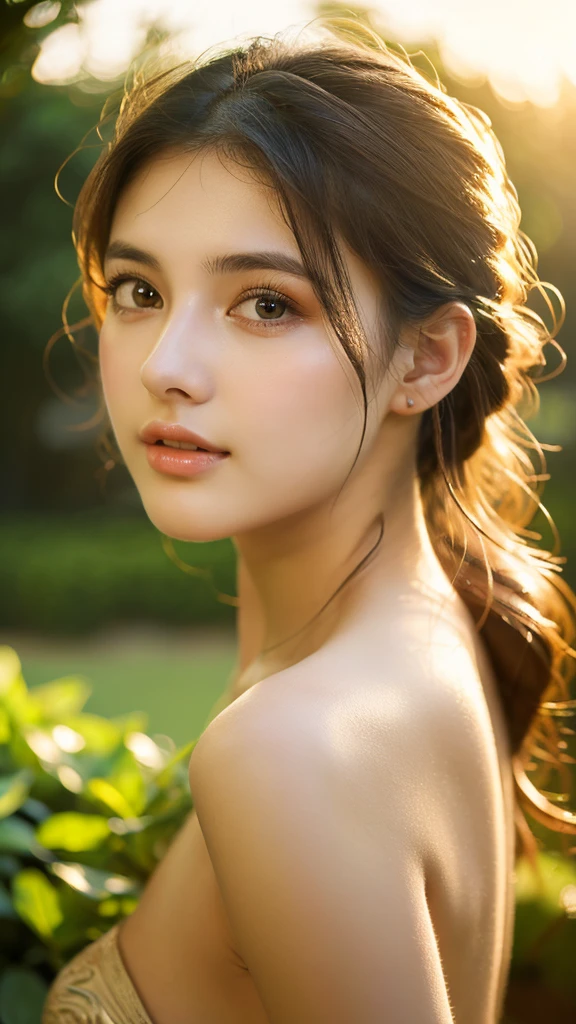 A beautiful 20 year old naked girl, detailed face, gorgeous eyes, full lips, long eyelashes, detailed skin, photorealistic, natural lighting, serene expression, sensual pose, outdoor garden setting, lush greenery, detailed foliage, golden hour lighting, cinematic composition, muted color palette, masterpiece, ultra-detailed, high resolution