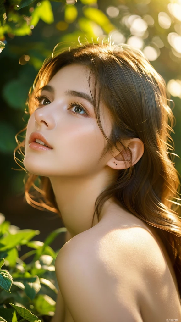 A beautiful 20 year old naked girl, detailed face, gorgeous eyes, full lips, long eyelashes, detailed skin, photorealistic, natural lighting, serene expression, sensual pose, outdoor garden setting, lush greenery, detailed foliage, golden hour lighting, cinematic composition, muted color palette, masterpiece, ultra-detailed, high resolution