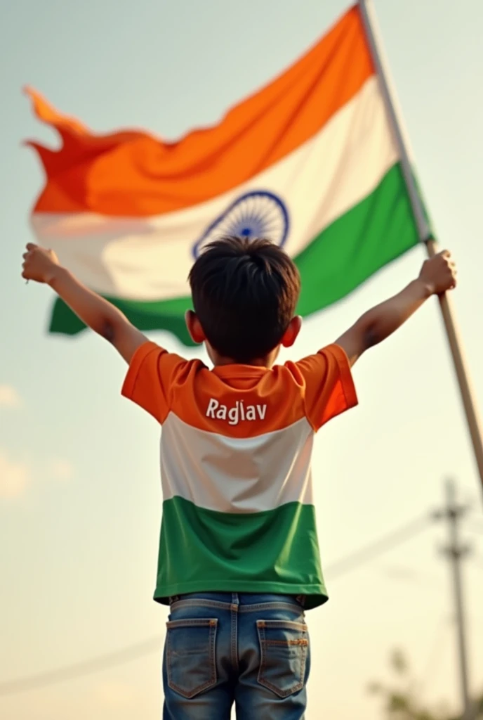 A kid with raghav  written on back not showing face of his tri colour t shirt holding indian flag
