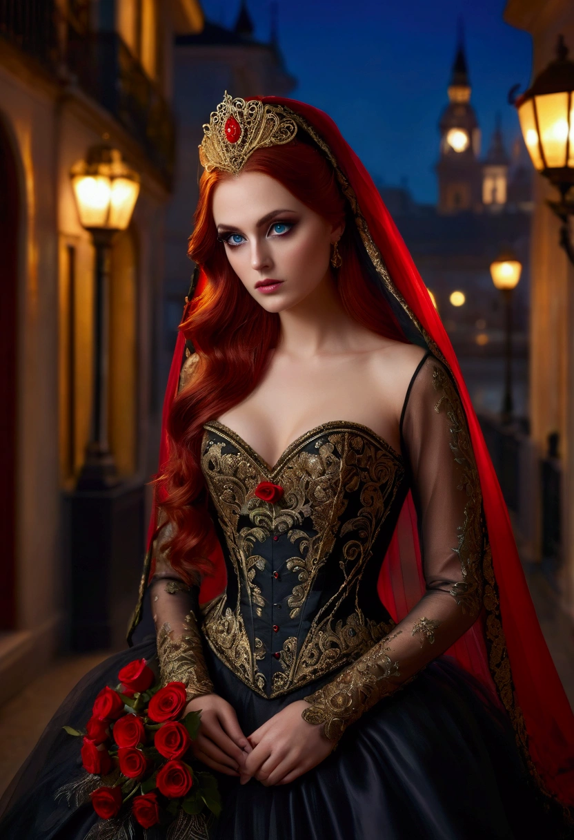 Twilight lady, beautiful and mysterious woman, a work of art of beauty, realistic and sharp focus, wearing elegant peacock costume clothes. Professionally retouched, soft lighting, realistic and smooth face, perfect eyes, sharp focus on eyes, 8k, high definition, incredibly detailed, complex, elegant. on a night city background, long red hair, striking face, expressive and crystal clear amber eyes, black floral tulle veil with gold embroidered edges, bright red satin corset, detailed and intricate, draped black skirt, light fabric, with small red roses on the waist, night background. Full HD.