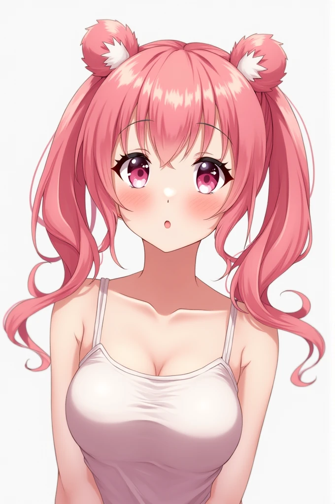 Emphasis on blushing face, emphasis on pink bear ears, emphasis on pink twintails, emphasis on chest area, emphasis on tank top, emphasis on top-down angle, emphasis on no background, emphasis on frontal face angle, emphasis on no hands