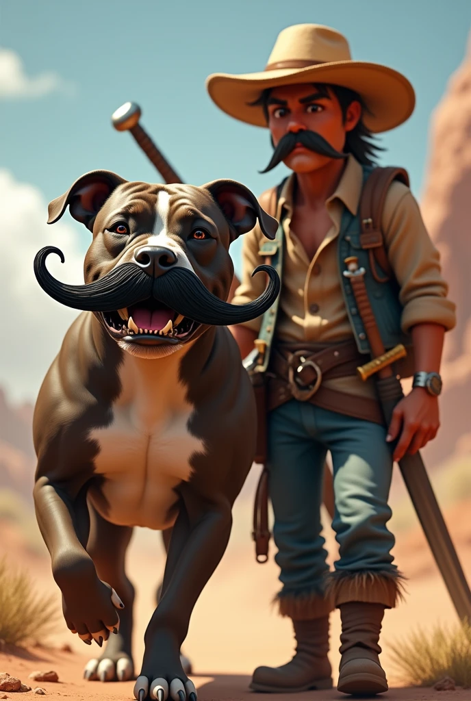 Pitbull with the goal mustache.d roger with a straw hat and a sword on his hip
