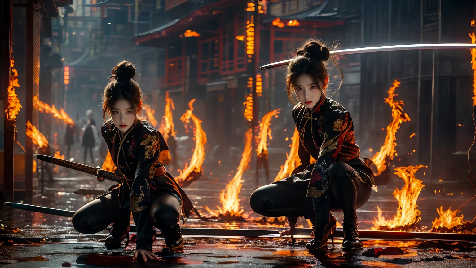 smoky makeup:2,black eyeshadow:2,black lips:2,anatomically correct:2,standing alone,1sword xuer ai yazawa girl style,1 girl, and a dragon,Bblack hair,hair bun,Chinese clothing,keep,keep weapon,twice as good,bangss,blunt bangss,a knee,looking at the audience,jewerly,aretes,black backdrop,longsleeve,eastern Dragon,samurai sword,get away,tight and shiny leggings,Dragon,golden footwear,rey,anatomically correcte:2,(disgust:1.3),ultra-high resolution,((work of art))),(((best qualityer))),((super verbose)),((extremely delicate and beautiful)),,ezh