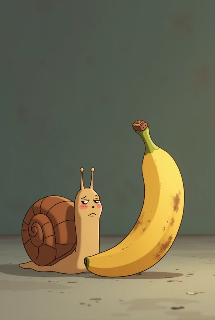 Create an animated character of a snail and banana with sad faces.