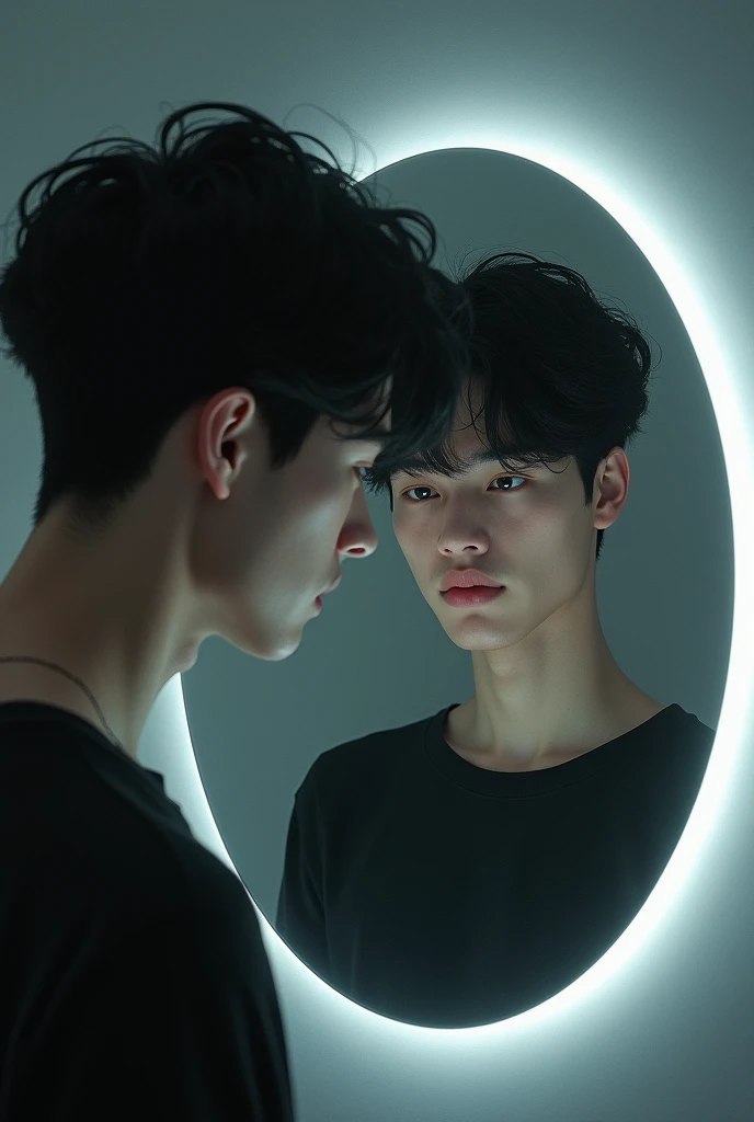 Self-Reflection : The young man gazing into the mirror, seeing his own reflection with a look of contemplation, symbolizing his internal quest. In dall e-3 style