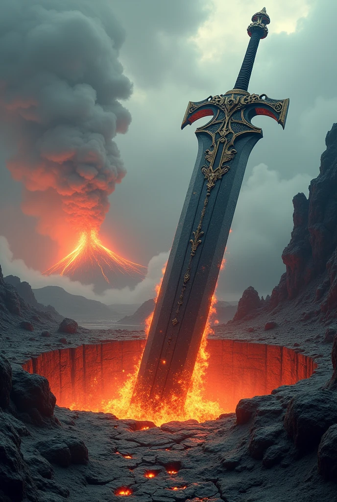 masterpiece, Highest quality, Highest quality, beautifully、(No people)、Fantasy、Lost Technology、(A huge tsuba and handle protruding from the fire pit)、wilderness、volcano、null、cloud、Ground cracking、buried、deeply stuck、big weapon、Dynamic Angle、