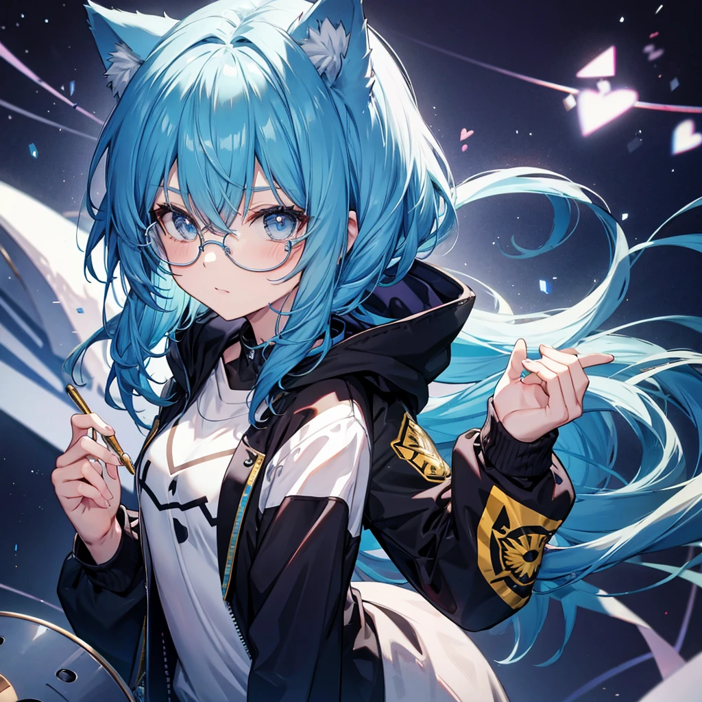 with blue hair, wolf cut and a cat ear hoodie、Draw a girl with round gold glasses