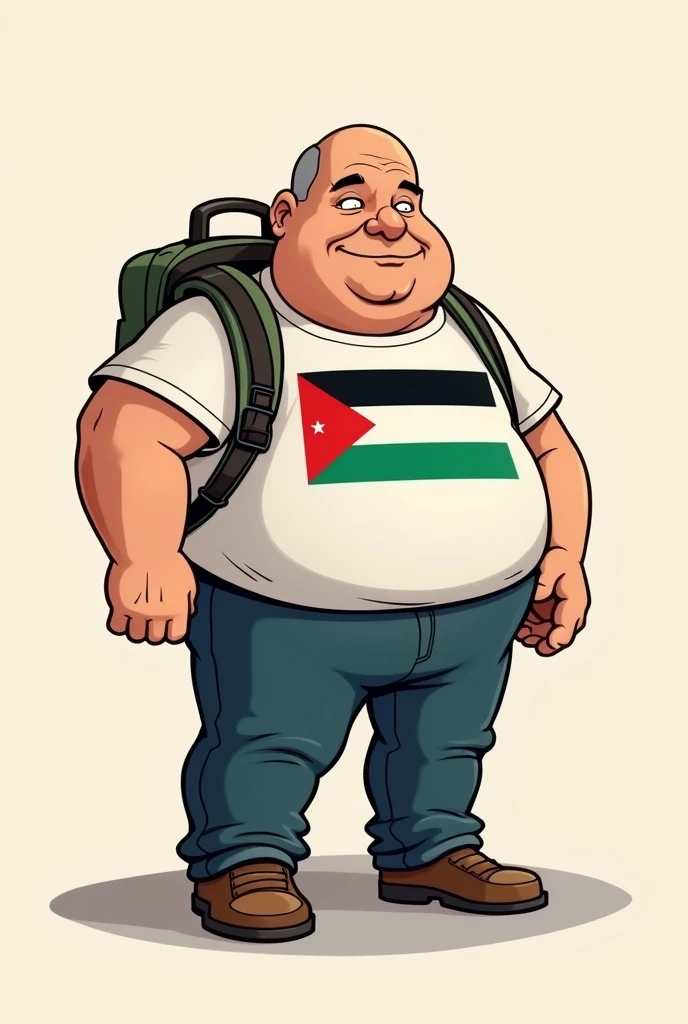 Full body cartoon of a 40 year old obese man, bald, clean shaven, carrying a small backpack on his back, wearing a Jordan flag shirt
